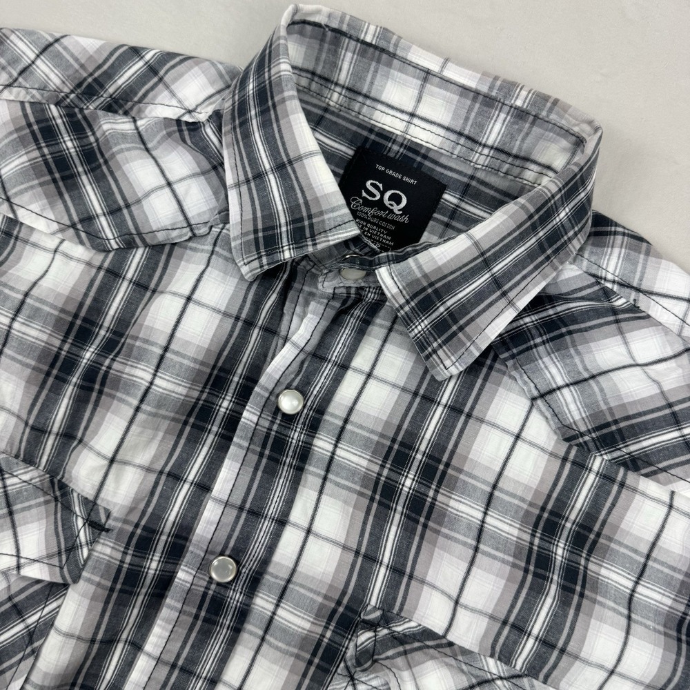 SQ Mens Pearl Snap long sleeve‎ Western Rodeo Cowboy Shirt Plaid Black/White - S